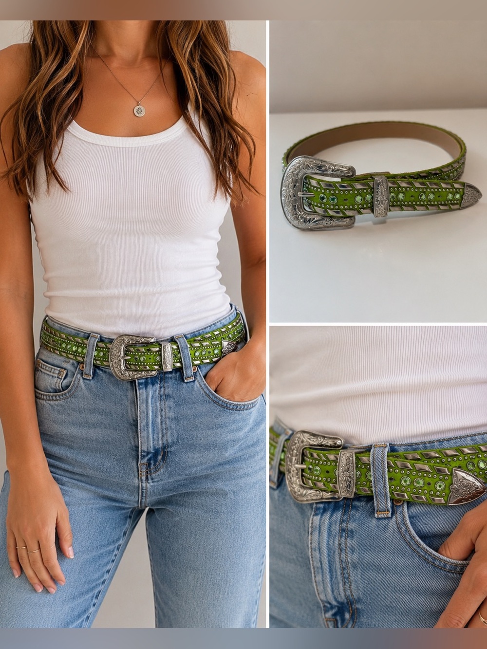 Kippy's Green Crystal Studded Leather Western Belt Size XS Small